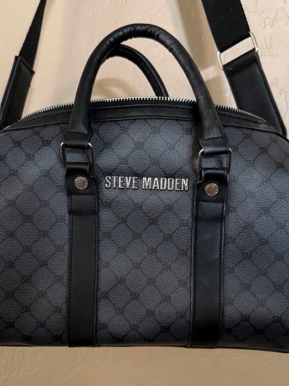Steve Madden Black Patterned Duffel with Silver Hardware